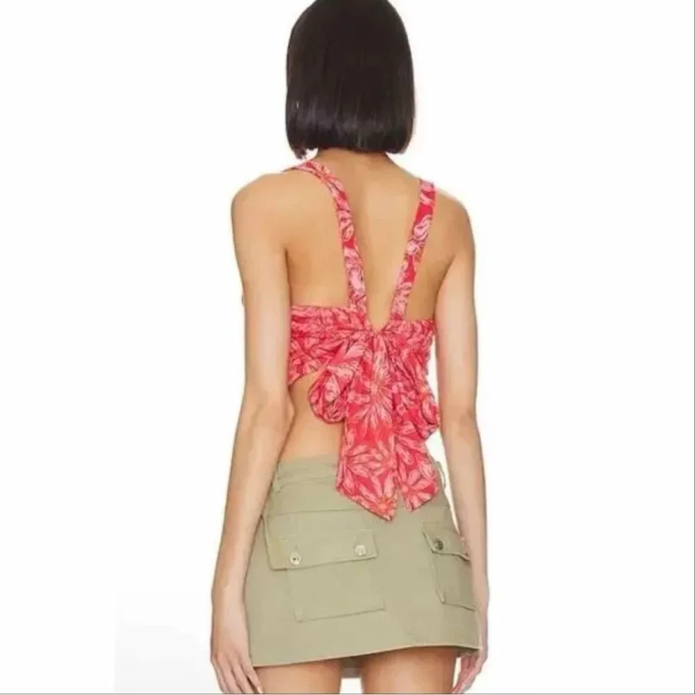 NWT Free People Red Floral Square Neck Wide Strap Cropped Tank Top
